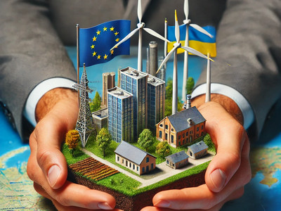 Реалістичне зображення, що символізує гранти на соціальні та бізнес-проєкти в Україні. На фото зображені руки, які підтримують моделі інфраструктури, такі як будівлі, вітряні турбіни, лікарня та сільськогосподарські поля, на фоні карти України. Відображає підтримку Європейського Союзу, розвиток громад та відбудову після війни.