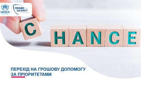 Дерев'яні кубики з літерами утворюють два слова: перекреслене «C» окремо ліворуч (символізує зміну) та слово «HANCE» — разом вони складають гру слів «CHANGE → CHANCE» (зміна → шанс). Кубик «C» тримають пальці руки. У верхньому лівому куті — логотипи UNHCR (УВКБ ООН) та благодійного фонду «Право на Захист». Внизу зліва синім текстом напис: «Перехід на грошову допомогу за пріоритетами», підкреслений рожевою лінією.