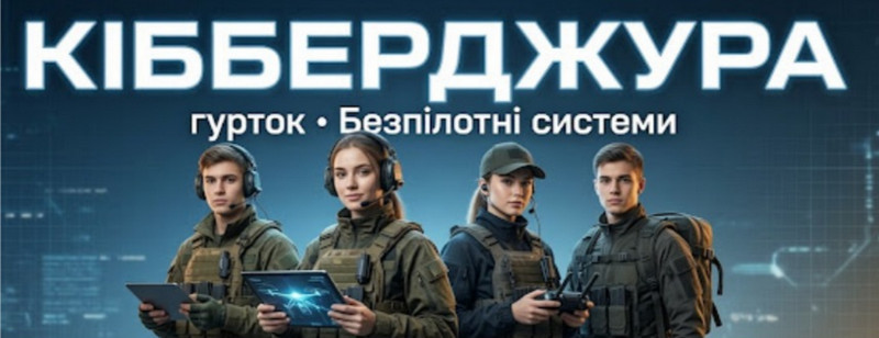 Банер гуртка «КІББЕРДЖУРА • Безпілотні системи» із зображенням чотирьох молодих людей у військовій екіпіровці з планшетами та пультами керування дронами.
