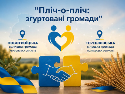 Банер «Пліч-о-пліч: згуртовані громади» про співпрацю Новотроїцької селищної громади Херсонської області та Терешківської сільської громади Полтавської області. На зображенні символічно поєднані геомітки обох громад, логотип-серце та два пазли із рукостисканням у синьо-жовтих кольорах на тлі колосків пшениці. 