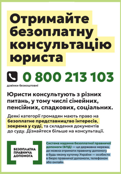Інформаційний банер системи безоплатної правничої допомоги. На банері розміщено заклик отримати безоплатну консультацію юриста за телефоном 0 800 213 103 (дзвінки безкоштовні). Зазначено, що юристи консультують із сімейних, пенсійних, спадкових, соціальних та інших правових питань, а окремі категорії громадян мають право на безоплатне представництво інтересів, зокрема в суді, та складання процесуальних документів. У нижній частині повідомляється, що система надання безоплатної правничої допомоги є державною мережею, де правничу допомогу можна отримати особисто в бюро правничої допомоги, телефоном або онлайн. Праворуч розміщено напис «Безоплатна правнича допомога».