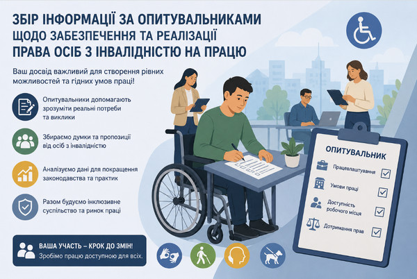Інфографіка про збір інформації щодо забезпечення та реалізації права осіб з інвалідністю на працю. Зображено людину на кріслі колісному, яка заповнює опитувальник, поруч — люди в офісі та планшет із переліком тем опитування. Ліворуч наведено переваги участі в опитуванні: виявлення потреб, збір пропозицій, удосконалення законодавства та розвиток інклюзивного ринку праці.