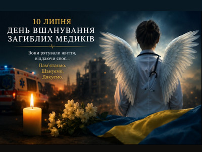 Меморіальний плакат до Дня вшанування загиблих медиків (10 липня). Зображено медика зі спини з ангельськими крилами, запалену свічку, квіти та український прапор на тлі зруйнованого міста. Текст: «Вони рятували життя, віддаючи своє... Пам’ятаємо. Шануємо. Дякуємо.» 