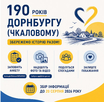 Інформаційний плакат до 190-річчя Дорнбургу (Чкалового) з закликом «Збережемо історію разом!». Наведені способи долучитися: заповнити анкету, надіслати фото та відео, поділитися спогадами або залишити побажання. Вказано контакти та кінцевий термін збору інформації — до 20 серпня 2026 року. 