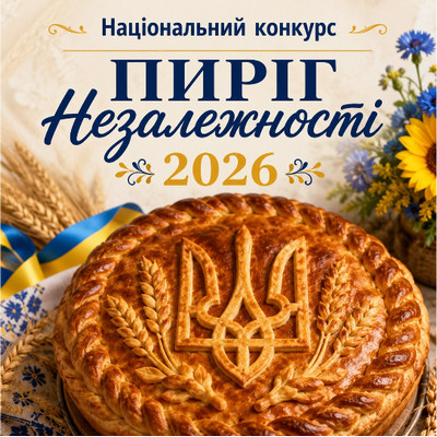 Ілюстрація до національного конкурсу «Пиріг Незалежності – 2026» із традиційним українським пирогом із зображенням Тризуба.