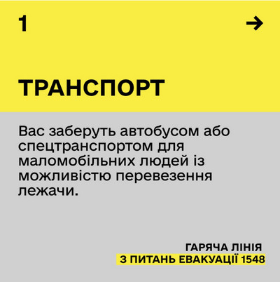 Картка з цифрою 1 та стрілкою праворуч, заголовок «Транспорт». Текст: «Вас заберуть автобусом або спецтранспортом для маломобільних людей із можливістю перевезення лежачих». Внизу жовтий бейдж «Гаряча лінія з питань евакуації 1548».