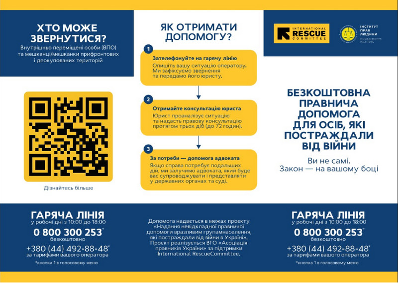Інформаційна сторінка буклета «Безкоштовна правнича допомога для осіб, які постраждали від війни». Зазначено, хто може звернутися (ВПО та мешканці прифронтових і деокупованих територій) та алгоритм із трьох кроків: дзвінок на гарячу лінію, консультація юриста протягом 72 годин та допомога адвоката за потреби. Знизу вказані контакти гарячої лінії (0 800 300 253) та логотипи організацій International Rescue Committee і ВГО «Асоціація правників України».