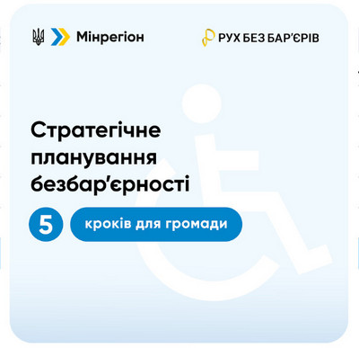 Титульна картка на світло-блакитному градієнтному фоні з логотипами Мінрегіону та «Руху без бар'єрів», на фоні — напівпрозорий символ доступності (людина на візку). Заголовок «Стратегічне планування безбар'єрності» та синя позначка «5 кроків для громади».