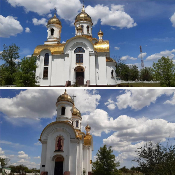 Колаж із двох фотографій православного храму Святого Архистратига Михаїла білого кольору із золотими куполами та хрестами під яскраво-блакитним небом із білими кучовими хмарами 