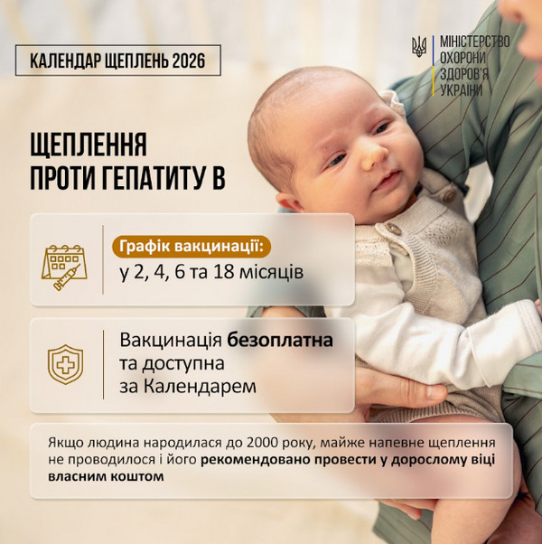 Інфографіка МОЗ України «Календар щеплень 2026» про щеплення проти грипу на фоні фото усміхненої родини з дитиною. Щеплення роблять щороку перед початком епідсезону власним коштом. Також рекомендовані щеплення проти гепатиту А, вітряної віспи, пневмококової та менінгококової інфекції.