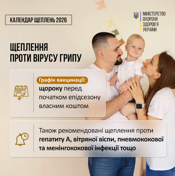 Інфографіка МОЗ України «Календар щеплень 2026» про щеплення проти гепатиту В на фоні фото мами з немовлям на руках. Вакцинують у 2, 4, 6 та 18 місяців, вакцинація безоплатна за Календарем. Людям, які народилися до 2000 року, радять зробити щеплення в дорослому віці власним коштом.