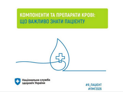 Інформаційна картка Національної служби здоров'я України «Компоненти та препарати крові: що важливо знати пацієнту» із зображенням краплі крові з медичним хрестом