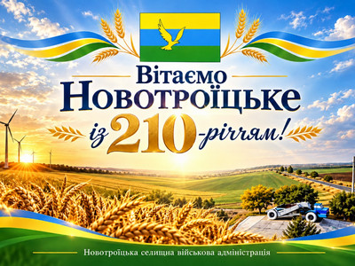 Святкова листівка з написом «Вітаємо Новотроїцьке із 210-річчям!». На тлі — залиті сонцем степові поля, золоті колоски, вітряки та пам’ятник трактору. Угорі — прапор громади із золотим птахом, обрамлений колоссям і синьо-жовто-зеленими стрічками. Унизу — підпис «Новотроїцька селищна військова адміністрація».
