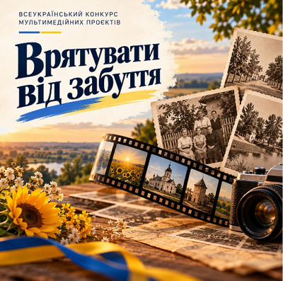 Банер Всеукраїнського конкурсу «Врятувати від забуття» із зображенням архівних фотографій, кіноплівки, фотоапарата, соняшників та українських краєвидів, що символізують збереження історичної пам’яті. 