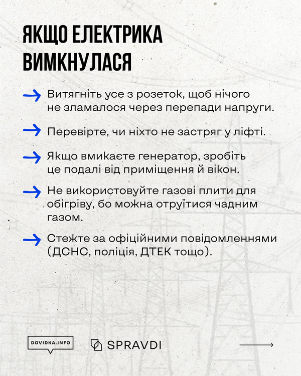 Інфографіка зі списком перших дій. Поради: витягнути прилади з розеток, перевірити ліфти, ставити генератори подалі від вікон, не грітися газовою плитою (ризик отруєння) та стежити за новинами ДСНС і ДТЕК.