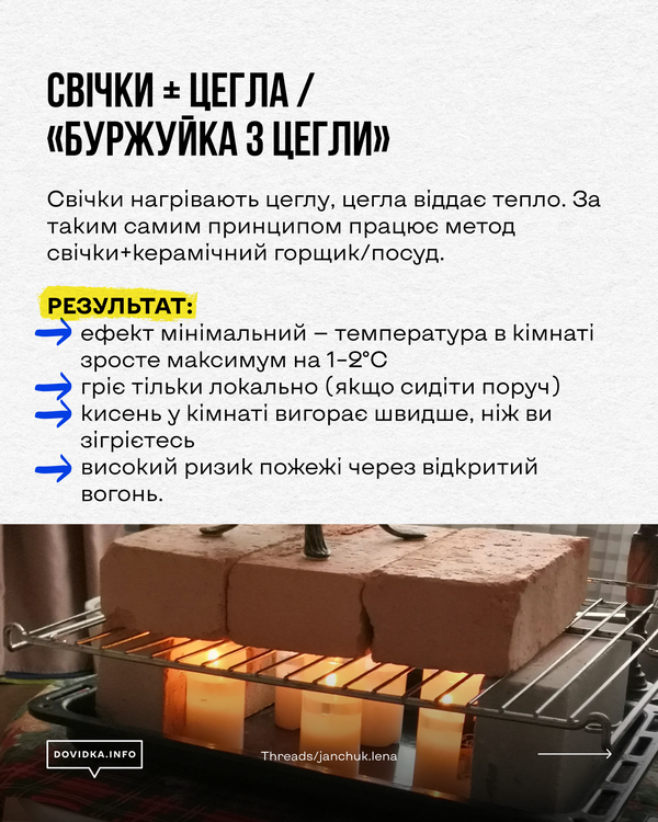 Інфографіка з попередженням: саморобні пристрої для обігріву (цегла на плиті, відкритий вогонь) є джерелом чадного газу та причиною пожеж.