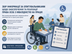 Інфографіка про збір інформації щодо забезпечення та реалізації права осіб з інвалідністю на працю. Зображено людину на кріслі колісному, яка заповнює опитувальник, поруч — люди в офісі та планшет із переліком тем опитування. Ліворуч наведено переваги участі в опитуванні: виявлення потреб, збір пропозицій, удосконалення законодавства та розвиток інклюзивного ринку праці.