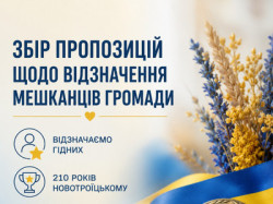 Інформаційний плакат із заголовком «ЗБІР ПРОПОЗИЦІЙ ЩОДО ВІДЗНАЧЕННЯ МЕШКАНЦІВ ГРОМАДИ». Праворуч зображено круглу медаль із Тризубом на синьо-жовтій стрічці та букет із жовто-синіх квітів і колосків. Зліва розміщено дві іконки з текстом: «ВІДЗНАЧАЄМО ГІДНИХ» та «210 РОКІВ НОВОТРОЇЦЬКОМУ»