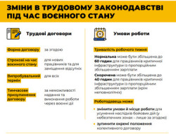 Інфографіка «Зміни в трудовому законодавстві під час воєнного стану» від Держпраці. Висвітлює особливості трудових договорів, робочого часу, відпусток, оплати праці та звільнення під час війни. Офіційні сайти: dsp.gov.ua, pratsia.in.ua.