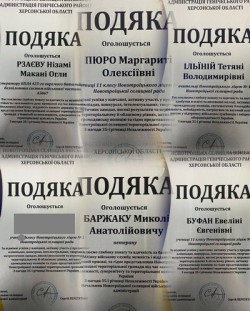 Шість подяк від Новотроїцької селищної військової адміністрації з нагоди 35-ї річниці Незалежності України. Подяки адресовані військовослужбовцям, ветерану, учням та вчителю Новотроїцького ліцею №1 за захист України, успіхи в навчанні, патріотичне виховання та підтримку ЗСУ. Кожен документ має герб, підпис Сергія Перетятька та печатку.