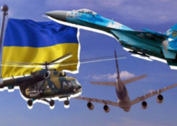 Колаж із зображеннями української військової та цивільної авіації на тлі хмарного блакитного неба та великого українського прапора 