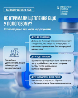Інфографіка Міністерства охорони здоров'я України «Календар щеплень 2026» на синьо-блакитному фоні з фотографією медичного шприца та ампул. Заголовок: «Не отримали щеплення БЦЖ у пологовому? Розповідаємо як і коли надолужити». Ліворуч — іконка лікаря з дитиною та порада звернутися до сімейного лікаря або педіатра на консультацію. Праворуч — три блоки з умовами вакцинації БЦЖ за віком: діти до 7 місяців без контакту з хворими на туберкульоз щеплюються без попередньої діагностики; діти від 7 місяців щеплюються після негативного тесту Манту чи інших шкірних тестів/тестів вивільнення гамма-інтерферону; діти та підлітки до 18 років можуть вакцинуватися безоплатно за Календарем щеплень.