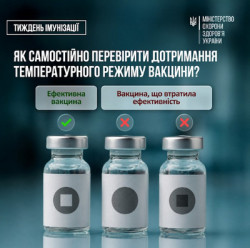 Тиждень імунізації. Міністерство охорони здоров'я України. Заголовок: «Як зберігаються та «подорожують» вакцини зі збереженням температурного режиму?». Текст: «Спеціальні холодильники, термологери та джерела безперебійного живлення гарантують стабільний температурний режим вакцин на кожному етапі транспортування». Зображення термоконтейнера для перевезення вакцин з позначками діапазону температури +5°C та +43°C, логотипи МОЗ України, ЄС та ЮНІСЕФ
