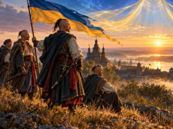 Козаки під українським прапором на тлі Запорозької Січі та символічного Покрову.